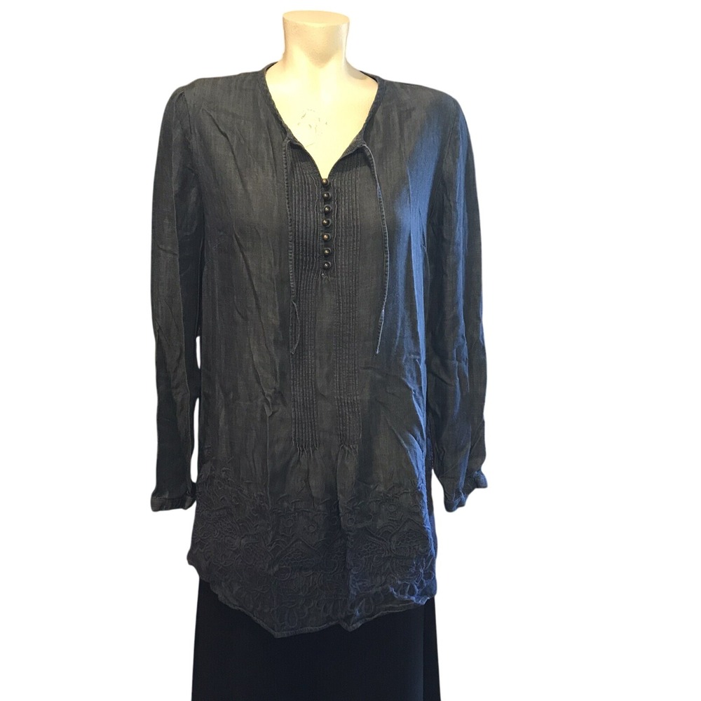 Coldwater Creek Size Small Blue Embellished Blouse With Tie And Buttons‎